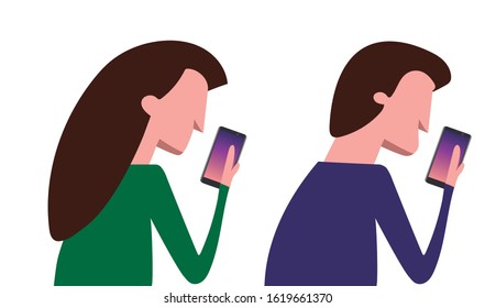 Drawing of a woman and man looking at the mobile. Woman holding a mobile with her hand.