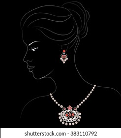 Drawing of a woman with pearls with ruby necklace and earrings