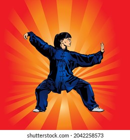 Drawing of a woman practicing wushu kung fu yoga on a background of red rays. Vector illustration