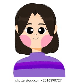 a drawing of woman with short hair wearing purple sweater