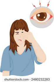 Drawing of a woman with sore eyes, eye infection, red eyes, irritant eyes, fungal  infection. Vector illustration