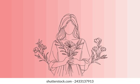 A drawing of a woman standing while holding a colorful bouquet of flowers in her hands. Vector, poster, painting, doodle, handmade, spring, Women's Day, March 8, Mother's Day