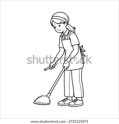 a drawing of a woman sweeping