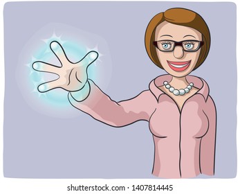 drawing of a woman touching a screen with one hand