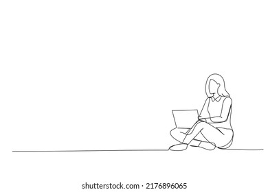 Zeichnung von Frau mit Laptop während des Sitzens auf dem Boden Continous Line Art
