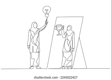 Drawing of woman wear hijab having ide lightbulb looking into mirror have reflection holding award trophy. One continuous line art style