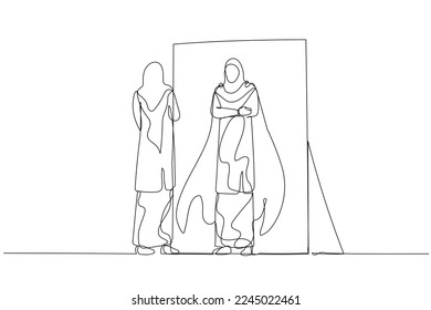 Drawing of woman wear hijab reflect self looking into inner strength in mirror. One line art style