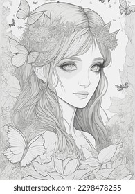 	
A drawing of a woman with a wreath of butterflies on her head