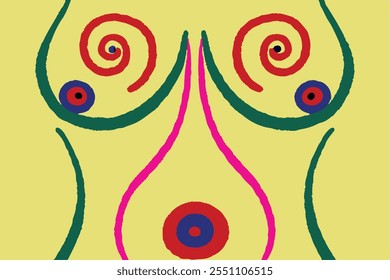 A drawing of a woman's breasts with a pink and green swirl pattern. The image is abstract and colorful, with a focus on the woman's breasts