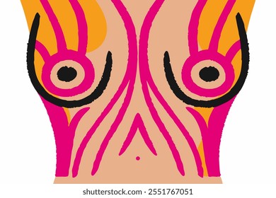 A drawing of a woman's breasts with pink and orange stripes. The drawing is abstract and has a bold, confident feel to it