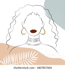 Drawing of a woman's face against the background of abstract doodles and decorative tropical plants. Line art. Vector illustration in pastel colors.