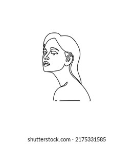 Dibujo de la cara de una mujer en un estilo minimalista. Ilustración de moda para cosméticos. Línea continua Arte. Impresión mínima a la moda. Logo de belleza. Vector. Aislado