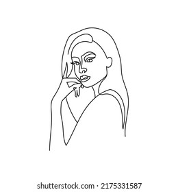 Dibujo de la cara de una mujer en un estilo minimalista. Ilustración de moda para cosméticos. Línea continua Arte. Impresión mínima a la moda. Logo de belleza. Vector. Aislado