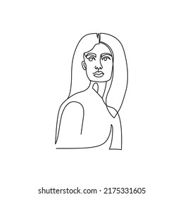 Zeichnung des Gesichts einer Frau im minimalistischen Linienstil. Mode-Illustration für Kosmetik. Kontinuierliche Linie Art. Trendy minimale Druck. Schönheitslogo. Vektorgrafik. isoliert