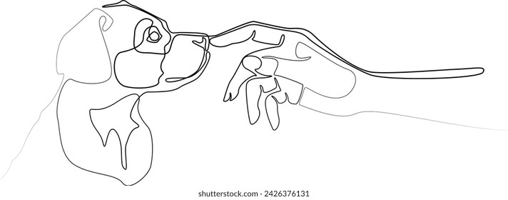 Drawing of a woman's hand and a small puppy. Linear drawing of a dog and a man. Friendship between owner and pet, one line drawing. Tattoo