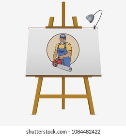 Drawing wood cutter on easel. Vector illustration.