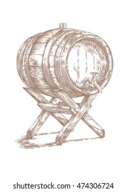 Drawing of wooden barrel with wine or beer on the wooden stand