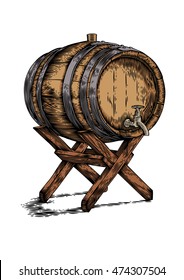 Drawing of wooden barrel with wine or beer on the wooden stand
