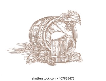 Drawing of wooden beer mug, wooden barrel, barley, and hop cones with leaves