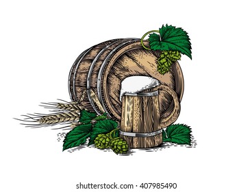 Drawing of wooden beer mug, wooden barrel, barley, and hop cones with leaves