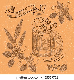  Drawing of wooden beer mug, branch of hops and ears of barley