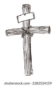 Drawing of a wooden Christian cross, attached with strings with an empty sign over white background.