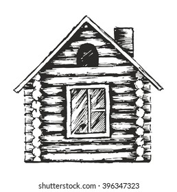 Drawing of wooden house. 