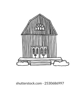Dibujo de granero rústico de madera con dos puertas delanteras con pasos en frente y arbustos - bosquejo de línea dibujado a mano