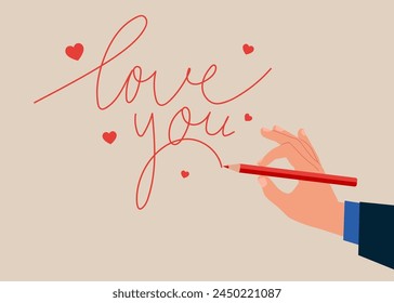 Drawing word i love you. Cute outline word i love you for valentine, wedding, vintage decoration. Flat vector illustration.