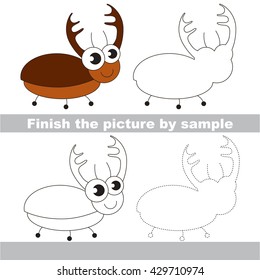 Drawing worksheet for children. Easy educational kid game. Simple level of difficulty. Finish the picture and draw the Cute Big Bug.