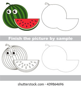 Drawing worksheet for children. Easy educational kid game. Simple level of difficulty. Finish the picture and draw the cute Watermelon