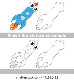 Drawing worksheet for children. Easy educational kid game. Simple level of difficulty. Finish the picture and draw the cute Funny rocket