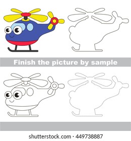 Drawing worksheet for children. Easy educational kid game. Simple level of difficulty. Finish the picture and draw the cute Helicopter