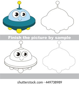 Drawing worksheet for children. Easy educational kid game. Simple level of difficulty. Finish the picture and draw the cute Ufo