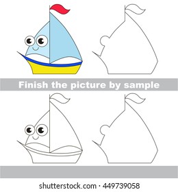 Drawing worksheet for children. Easy educational kid game. Simple level of difficulty. Finish the picture and draw the cute Yacht