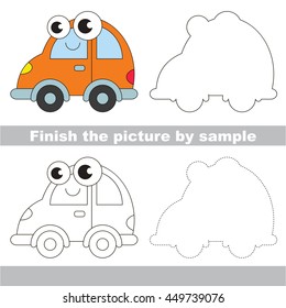 Drawing worksheet for children. Easy educational kid game. Simple level of difficulty. Finish the picture and draw the cute Automobile