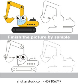 Drawing worksheet for children. Easy educational kid game. Simple level of difficulty. Finish the picture and draw the Funny Excavator.