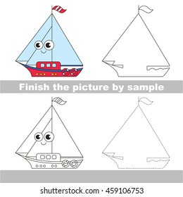 Drawing worksheet for children. Easy educational kid game. Simple level of difficulty. Finish the picture and draw the Funny Boat