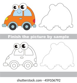 Drawing worksheet for children. Easy educational kid game. Simple level of difficulty. Finish the picture and draw the Funny Car