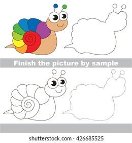 Drawing worksheet for children. Easy kid game. Simple level of difficulty. Finish the picture and draw the cute The rainbow snail