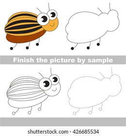 Drawing worksheet for children. Easy kid game. Simple level of difficulty. Finish the picture and draw the cute Colorado beetle