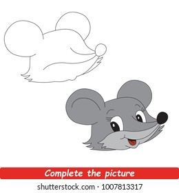 Drawing worksheet for preschool kids with easy gaming level of difficulty, simple educational game for kids to finish the picture by sample and draw the Mouse Head