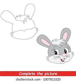 Drawing worksheet for preschool kids with easy gaming level of difficulty, simple educational game for kids to finish the picture by sample and draw the Beautiful Funny Grey Rabbit Head