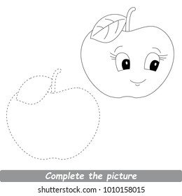 Drawing Worksheet For Preschool Kids with Easy Gaming Level of Difficulty, Simple Educational Game for Kids to Finish the Picture by Sample and Draw the Beautiful Funny Apple