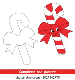 Drawing Worksheet For Preschool Kids with Easy Gaming Level of Difficulty, Simple Educational Game for Kids to Finish the Picture by Sample and Draw the Beautiful Smiley Cristmas Candy Cane