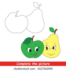 Drawing Worksheet For Preschool Kids with Easy Gaming Level of Difficulty, Simple Educational Game for Kids to Finish the Picture by Sample and Draw the Beautiful Smiley Ripe Per And Apple
