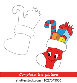 Drawing Worksheet For Preschool Kids with Easy Gaming Level of Difficulty, Simple Educational Game for Kids to Finish the Picture by Sample and Draw the Beautiful Smiley Christmas Stocking
