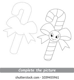 Drawing Worksheet For Preschool Kids with Easy Gaming Level of Difficulty, Simple Educational Game for Kids to Finish the Picture by Sample and Draw the Beautiful Smiling Candy Cane