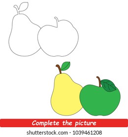 Drawing Worksheet For Preschool Kids with Easy Gaming Level of Difficulty, Simple Educational Game for Kids to Finish the Picture by Sample and Draw the Beautiful Apple and Pear Fruits