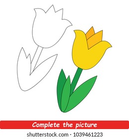 Drawing Worksheet For Preschool Kids with Easy Gaming Level of Difficulty, Simple Educational Game for Kids to Finish the Picture by Sample and Draw the Beautiful Yellow Tulip